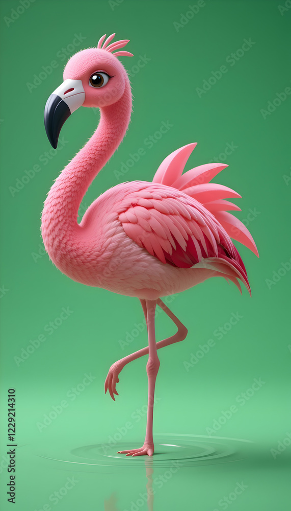 Obraz premium Adorable Cartoon Flamingo on Green Background