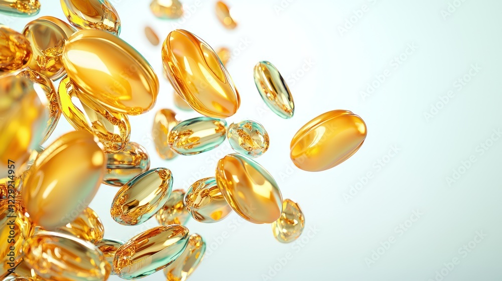 Golden Capsules Floating in Light Background Golden Capsules Floating in Light Background