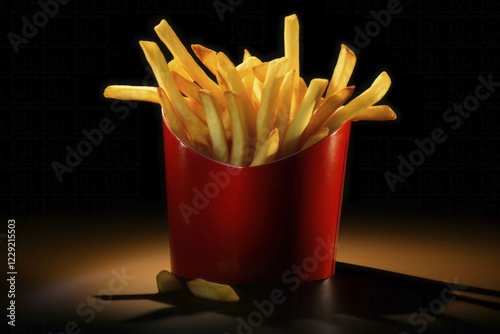 Fast food golden yellow fries in red carton, AI generated photo