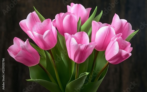 Luxurious pink tulips with lush green leaves in an elegant arrangement a beautiful floral display for home decor interior design and springtime inspiration
