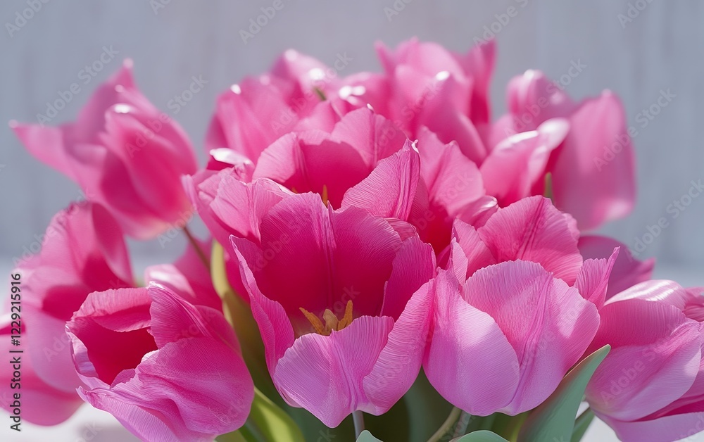 Fototapeta premium Closeup of a vibrant pink tulip bouquet with lush green leaves in full bloom fresh and elegant floral arrangement on a light background