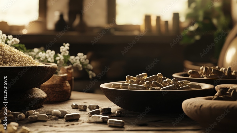 collection of herbal supplements, such as ashwagandha and ginseng, designed to promote stress relief and vitality.