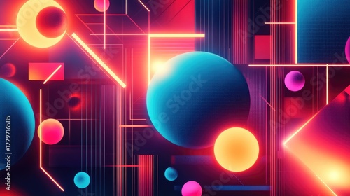 Bold neon geometric shapes glowing brightly in a high-tech digital rendering with a futuristic aesthetic
