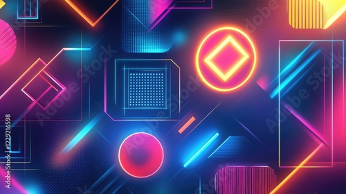 Bold neon geometric shapes glowing brightly in a high-tech digital rendering with a futuristic aesthetic
