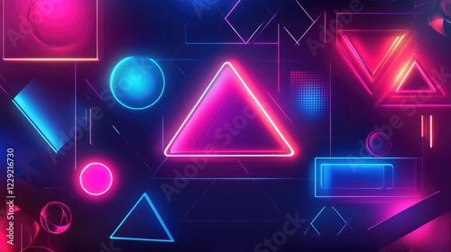 Bold neon geometric shapes glowing brightly in a high-tech digital rendering with a futuristic aesthetic
