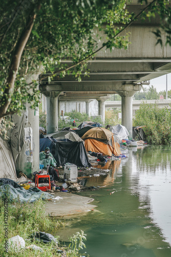 Homeless encampment under a bridge, highlighting rising poverty