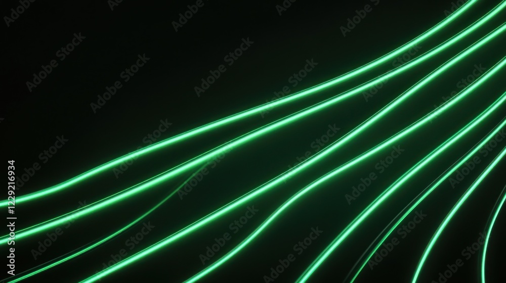 Fototapeta premium Green neon light trails flowing on black background