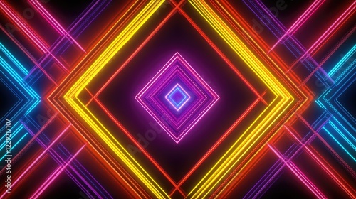 Bright neon geometric patterns glowing in a dark digital rendering, creating a striking and futuristic atmosphere