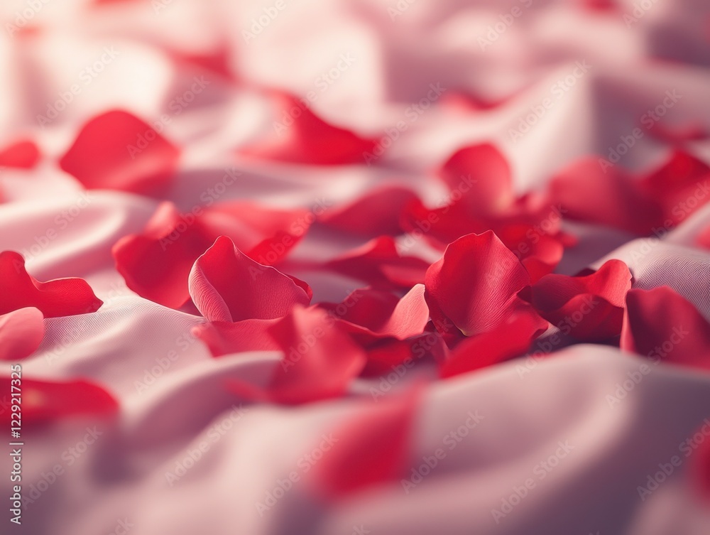 A close-up of scattered red rose petals on a soft, white fabric, creating a romantic and serene atmosphere.