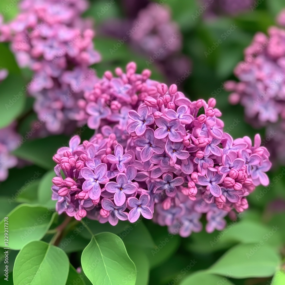 A vibrant cluster of lilac flowers surrounded by lush green leaves, showcasing delicate petals and a rich purple hue. A vibrant cluster of lilac flowers surrounded by lush green leaves, showcasing delicate petals and a rich purple hue.