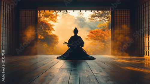 Samurai Meditating in Traditional Hall