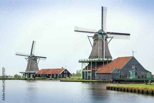 Old windmills, Zaanse Schans, open-air museum, Zaanstad, North Holland, Holland, Netherlands photo