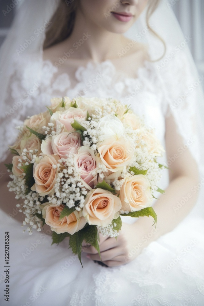 Naklejka premium A bride in a white wedding dress holds a beautiful bridal bouquet, bouquet of roses in her hands, AI Generated