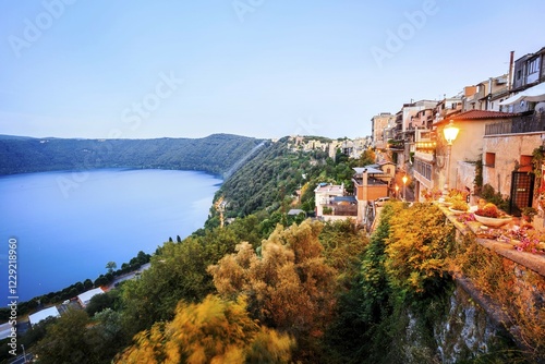 Fotografie Albano Lake shore and city of Castel Gandolfo, Lazio, Italy, Europe