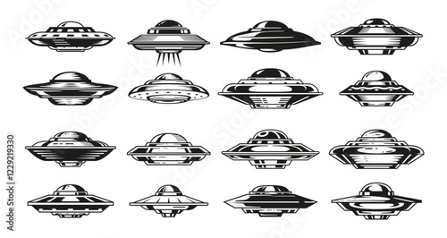 A collection of monochrome illustrations depicting unidentified flying objects of various shapes and sizes.
