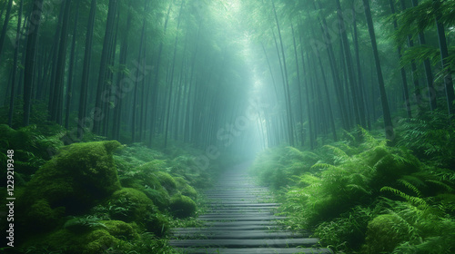 Enigmatic Bamboo Forest Path in the Mist photo