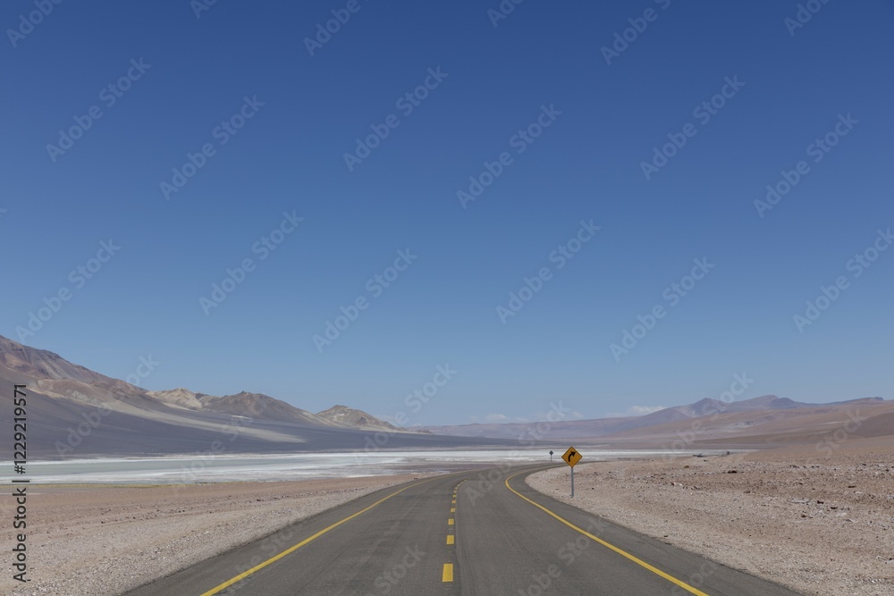 Road leads through Altiplano, San Pedro de Atacama, Antofagasta region, Chile, South America Road leads through Altiplano, San Pedro de Atacama, Antofagasta region, Chile, South America