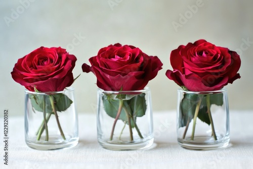 Three glass vases filled with long-stemmed red roses, perfect for a romantic dinner or special occasion