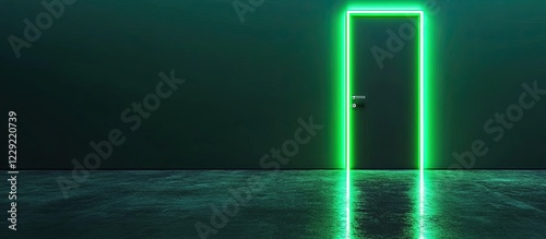 Green neon frame around closed door in dark room.