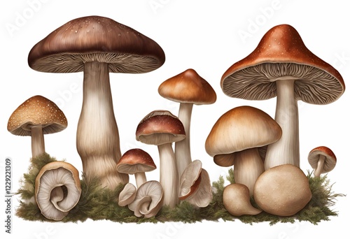 A group of fresh edible mushrooms in a natural forest setting photo