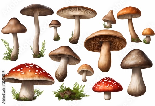 A group of fresh edible mushrooms with brown caps on a white background, showcasing nature's organic fungi and autumn ingredients
