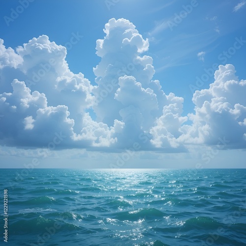 Un paisaje marino de ensueño con nubes azules flotantes sobre un océano esmeralda reluciente.