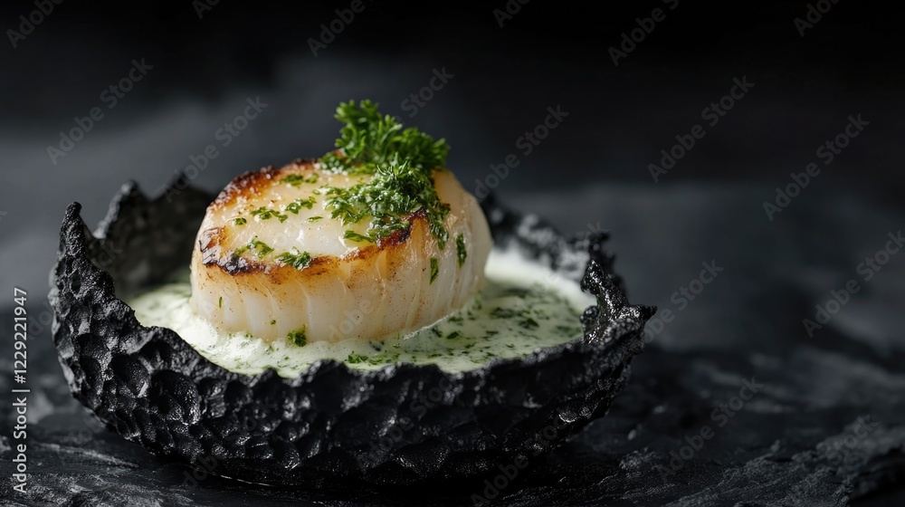 Fresh scallop served in a black dish, ideal for food and culinary photography Fresh scallop served in a black dish, ideal for food and culinary photography