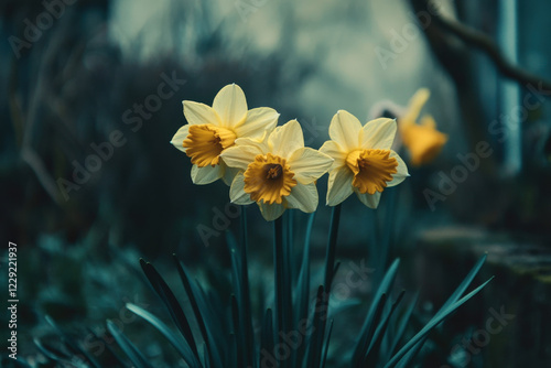 Yellow daffodils blooming in a garden, heralding the arrival of spring photo