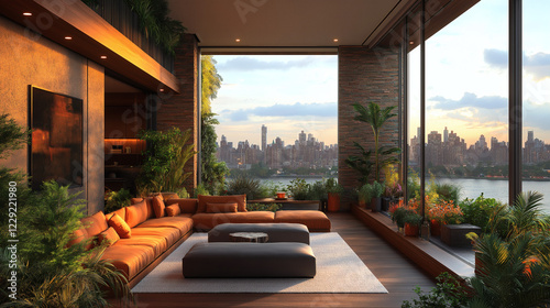 Stylish Living Area with Urban Skyline photo