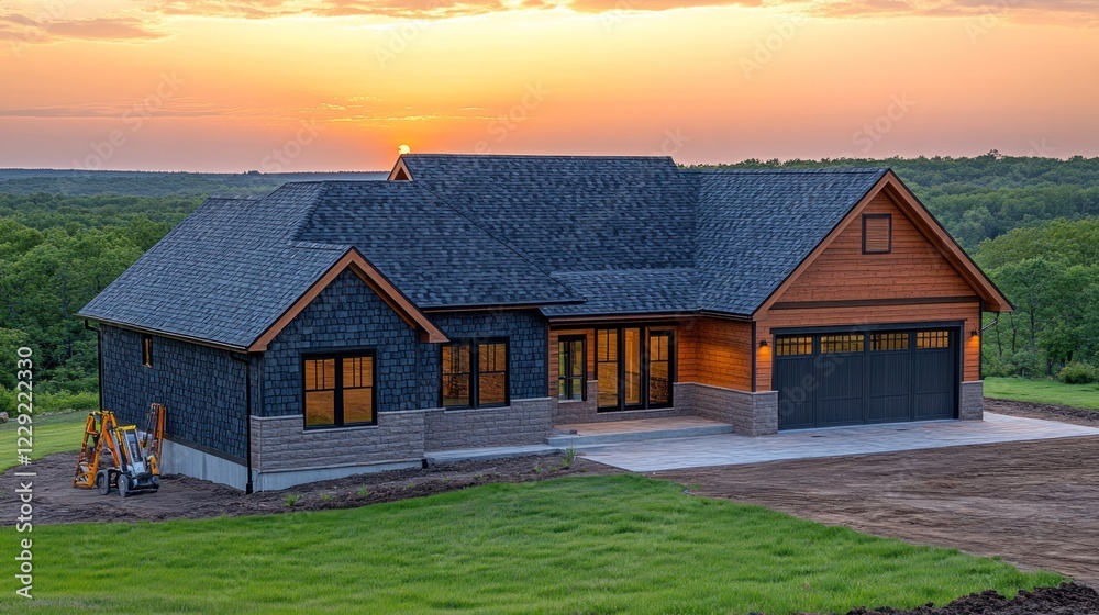 Modern farmhouse at sunset on a hilltop. Modern farmhouse at sunset on a hilltop.