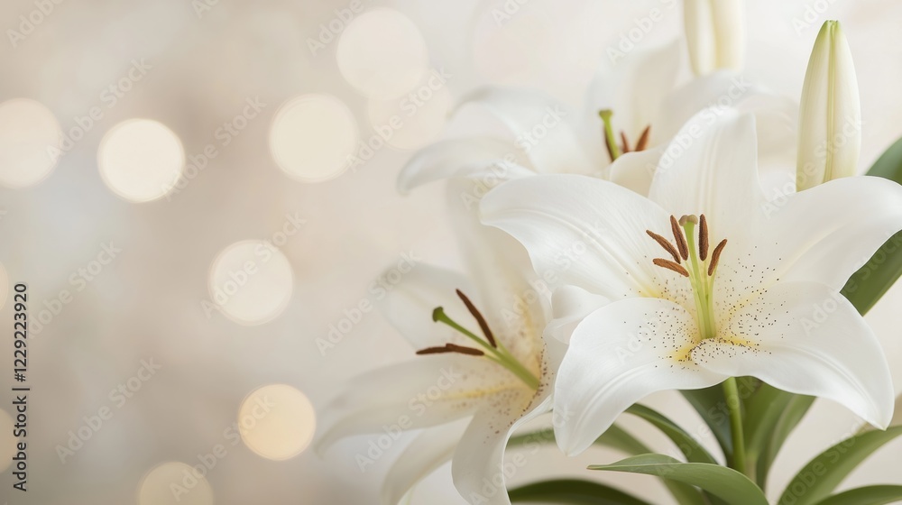 Naklejka premium White lilies with delicate petals arranged in a soft setting during peaceful indoor atmosphere.