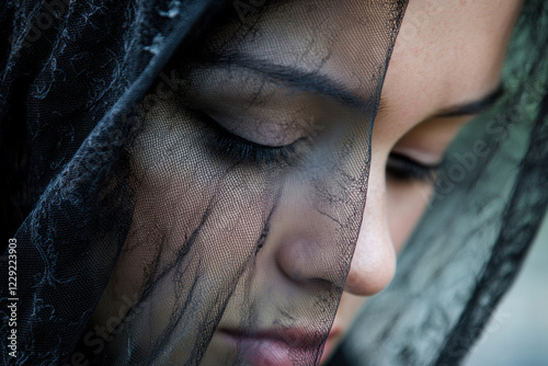 Close-up of a mourning veil on a grieving person’s face photo