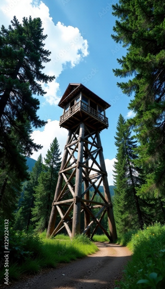 Tall pine trees stretch towards the sky from a wooden tower, conservation, scenery, tower Tall pine trees stretch towards the sky from a wooden tower, conservation, scenery, tower