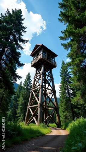 Tall pine trees stretch towards the sky from a wooden tower, conservation, scenery, tower