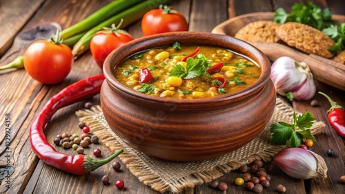 Traditional Guyanese lentil curry in a clay pot with aromatic spices and vegetables, Guyana food photo