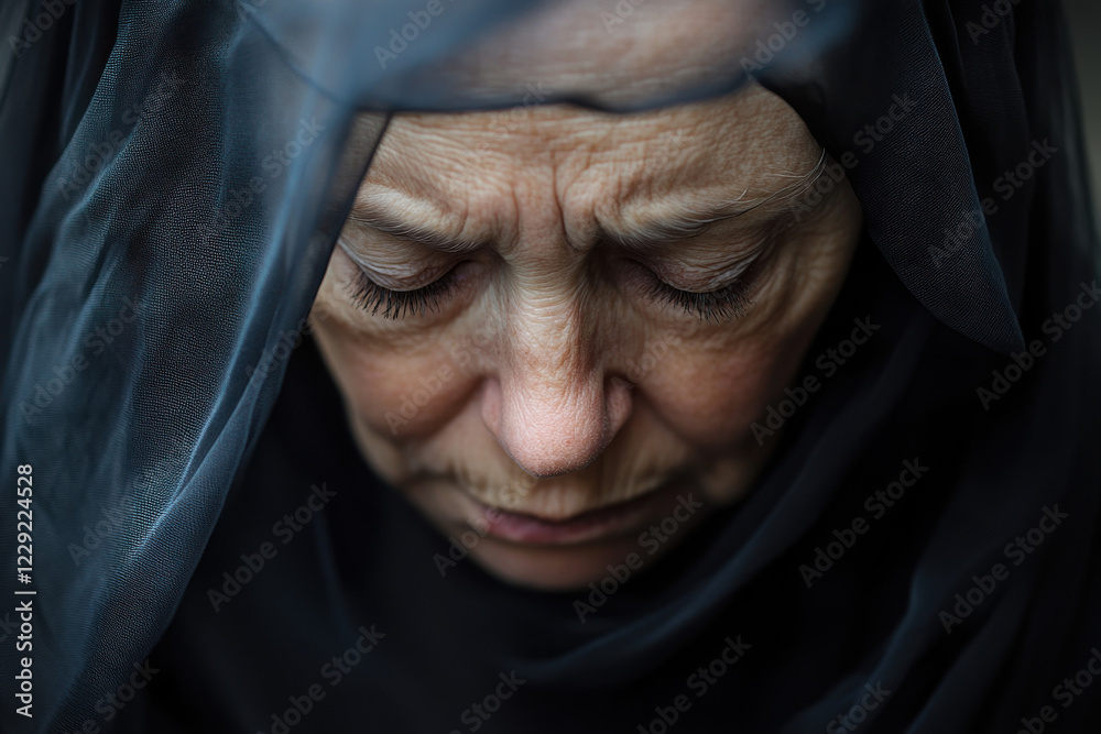 Close-up of a mourning veil on a grieving person’s face Close-up of a mourning veil on a grieving person’s face