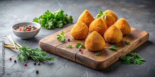 Traditional Portuguese fried chicken coxinhas on a grey background with a wooden cutting board and garnished with fresh herbs , woodcutting board, coxinhas photo