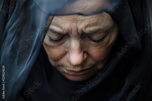 Close-up of a mourning veil on a grieving person’s face photo