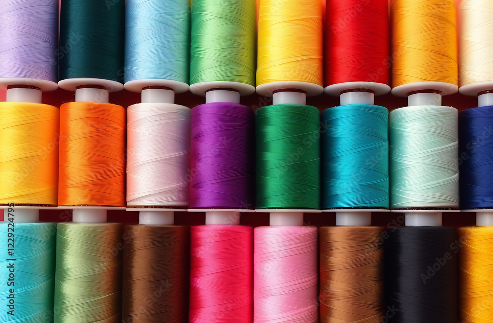 Multi-colored coils. Sewing threads Multi-colored coils. Sewing threads