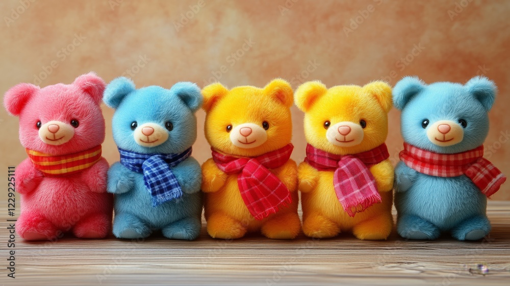 Five colorful teddy bears with scarves sitting on a wooden table against a beige background Five colorful teddy bears with scarves sitting on a wooden table against a beige background
