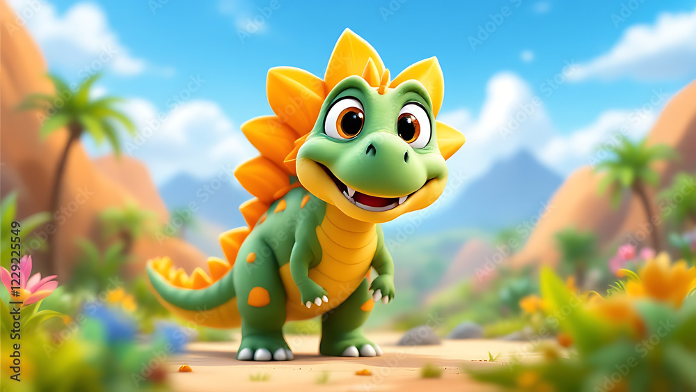 Obraz premium Cute dinosaur smiling joyfully in a vibrant tropical landscape.