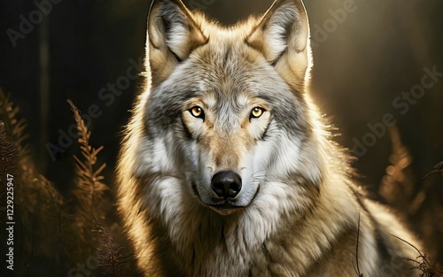 Animal portrait of a gray wolf (Canis lupus) looking into the camera, AI generated photo