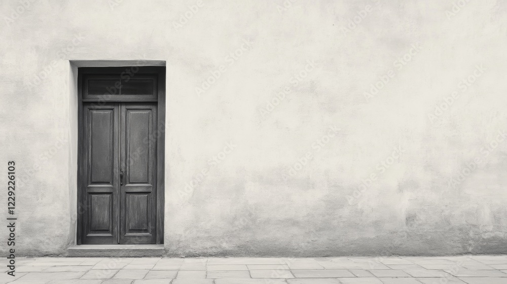 A solitary wooden door set within a large, textured, light-grey wall. A solitary wooden door set within a large, textured, light-grey wall.
