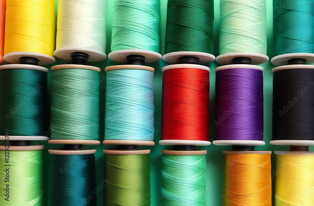 Multi-colored coils. Sewing threads Multi-colored coils. Sewing threads