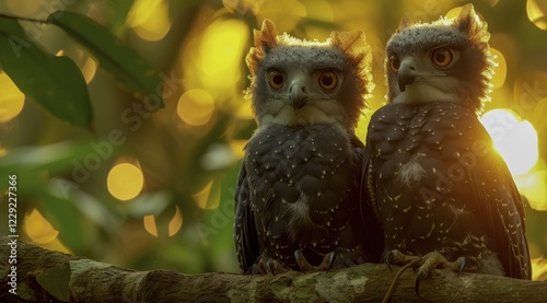 Two papuan harpy eagles side by side on a branch, casting glances with a bokeh light backdrop, AI generated photo