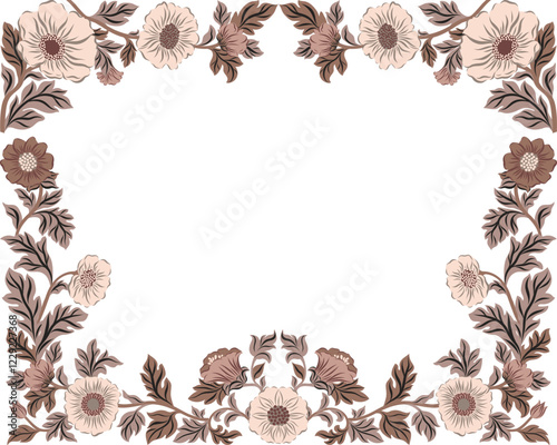 Vector illustration of a floral frame in folk style with a modern touch, featuring the trendy 2025 color. Elegant and artistic, perfect for invitations, packaging, branding, prints