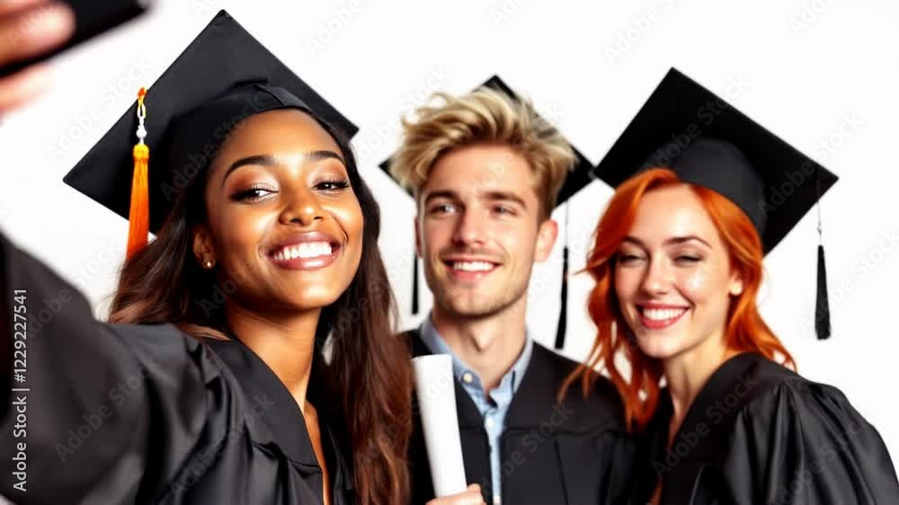 Three young adults celebrating graduation wearing a black graduation gown and cap
