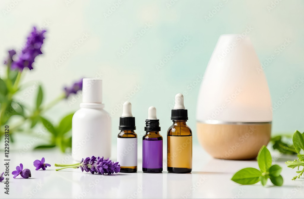 Small bottles of essential oils such as lavender and mint with pipettes. There are no logos and no text. A small aroma lamp placed next to the bottles. Small bottles of essential oils such as lavender and mint with pipettes. There are no logos and no text. A small aroma lamp placed next to the bottles.