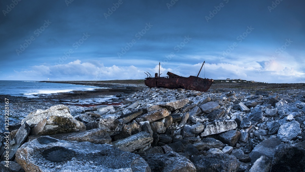 Shipwreck Plassy, stranded on the Finnish coast in 1960, Inis Oirr, Aran Islands, Ireland, Europe Shipwreck Plassy, stranded on the Finnish coast in 1960, Inis Oirr, Aran Islands, Ireland, Europe