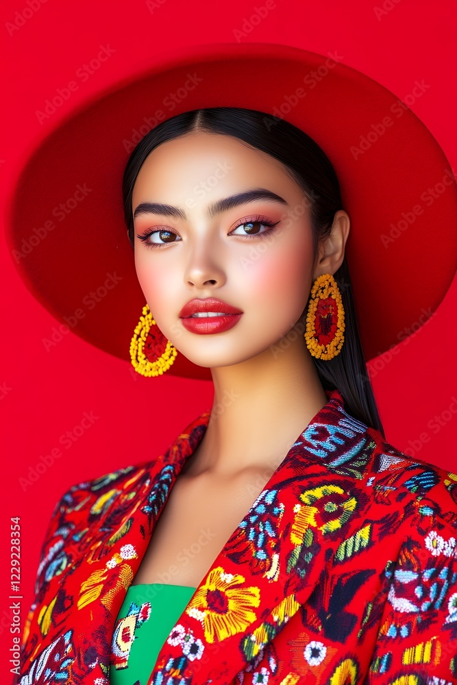 Fototapeta premium Stylish Woman in Red Floral Blazer and Hat